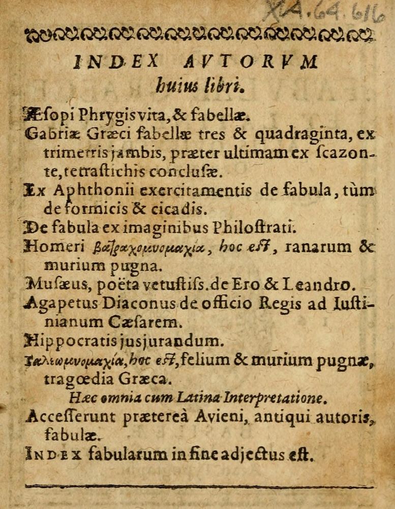 Scan 0006 of Æsopi Phrygis Fabulae graece et latine, cum aliis quibusdam opusculis